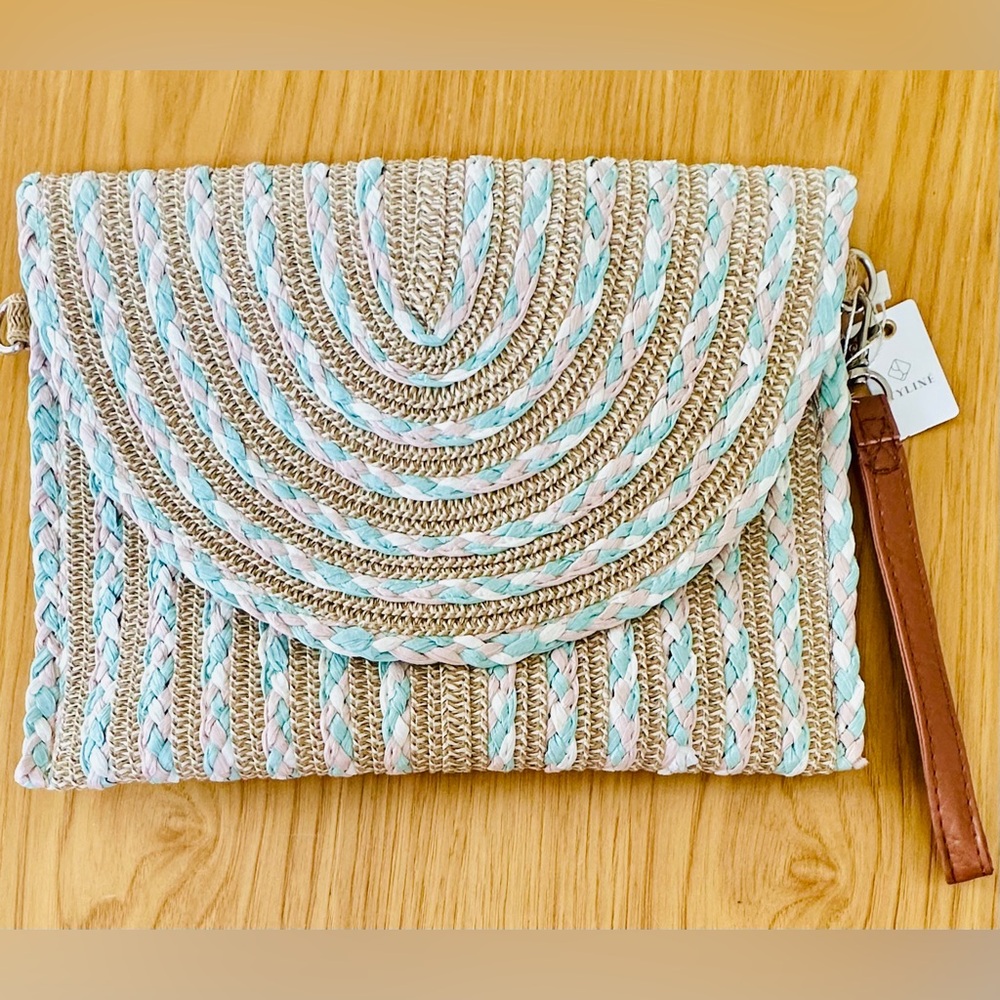 Color Striped Straw Clutch - Pink/Turquoise